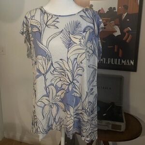 Halston Women’s 100% Linen Blue White Floral Button Back Blouse XL Heritage